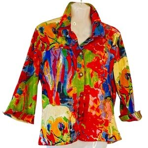 Kaktus Artsy Print Denim Jacket Women's Multicolor 5 Buttons Slim Pockets Small
